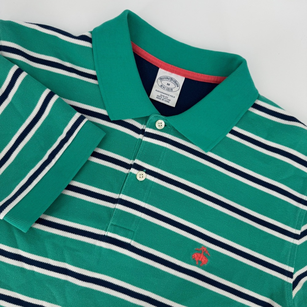 Brooks Brothers Mens M Green Navy White Stripe Performance‎ Polo Shirt Slim Fit